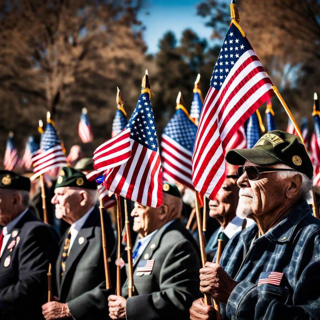 A group of veterans holding American flags at the National Veterans Day Ceremony